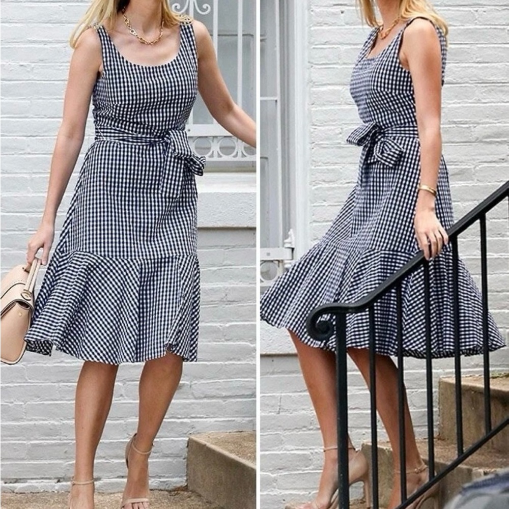 J. Crew Gingham Ruffle Hem Midi Dress Fit & Flare Sleeveless Blue - Picture 2 of 11